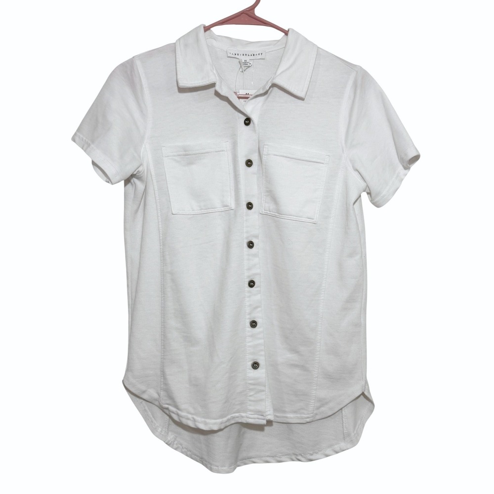Jane + Delancey Button Down White Short Sleeve High Low Women XS New Pocket Top